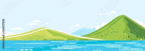Green mountains in sunny day with river in side view and spruce forest in simple geometric form, nature tourism landscape background, travel mountains adventure illustration