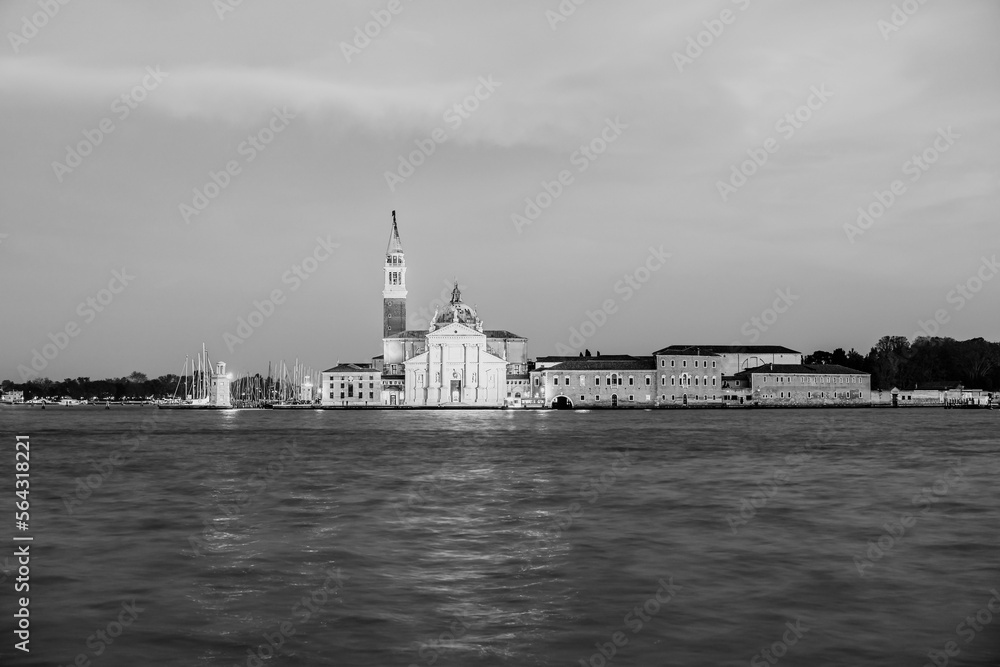 Saint George island in Venice, Italy during the twilight ours of the evening after sunset in black and white
