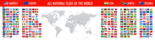 All World National Flags with a Full Vector World Map. Full Vector set of rectangular icons. Full Set of Rectangular Flags Divided by Continents