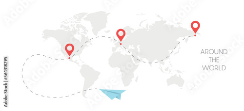 Infographic Vector Illustration With Planes, Dotted Direction Paths And Map Pointers Over Worldmap. Template For Plane Tracking Design. Vector 10 eps.