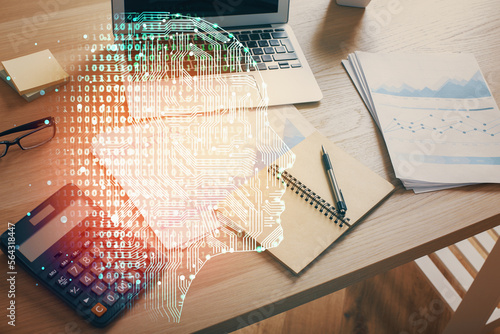 Double exposure of desktop computer and human brain drawing hologram. Ai concept.