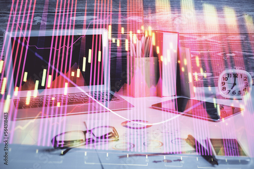 Multi exposure of forex graph and work space with computer. Concept of international online trading. © peshkova