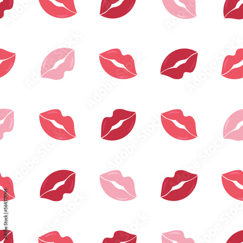 Seamless pattern with women's lip prints for Valentine's Day. Lipstick print for Kisses Day. Vector image in a flat design.
