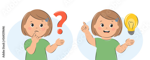 Child question. Kid girl ask question and found answe. Vector illustration photo