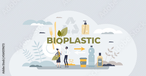 Bioplastics material usage for recyclable eco packaging tiny person concept. Green and ecological bio plastics material with biodegradable bottles vector illustration. Reuse trash to save environment