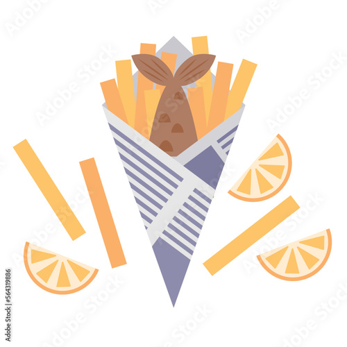 Fish and chips traditional fast food vector illustration. Fish And Chips Cornet. British fast food. Deep fried potato with fish. Street food