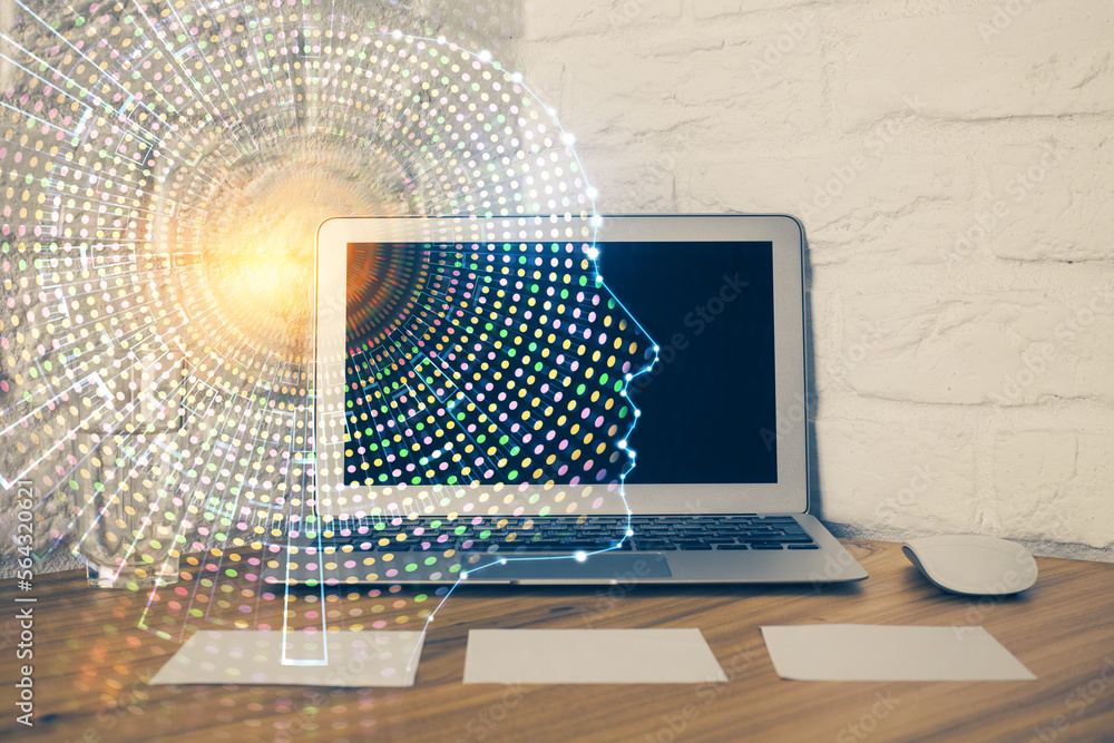 Double exposure of work space with computer and human brain drawing hologram. Brainstorm concept. Double exposure of work space with computer and human brain drawing hologram. Brainstorm concept.