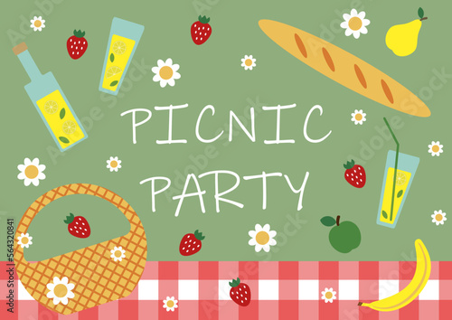 Poster Picnic party, vector. Poster Picnic party, green background, checkered tablecloth, basket and baguette, lemonade and fruits, berries and flowers.