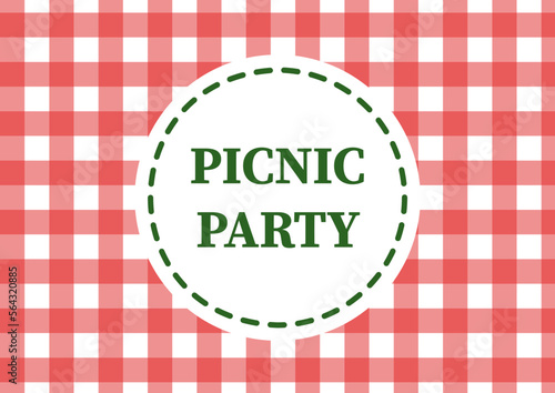 Poster Picnic party on tablecloth, vector. Checkered tablecloth in red and white checkered, in the center is a white circle with the inscription Picnic Party.