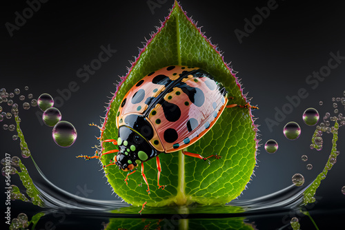 A ladybug inside drop water over green leaf. Generative AI