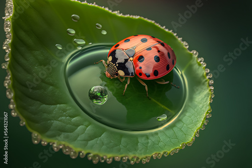 A ladybug inside drop water over green leaf. Generative AI