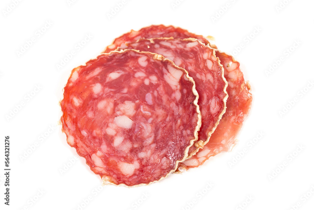 Slices of salami sausage on a white background Slices of salami sausage on a white background