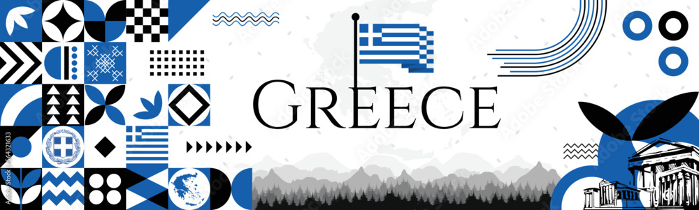 Naklejka premium Greek Independence Day Greece banner with name and map. Flag color themed Geometric abstract retro modern Design with pattern. Blue color vector illustration template graphic design.