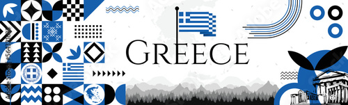 Greek Independence Day Greece banner with name and map. Flag color themed Geometric abstract retro modern Design with pattern. Blue color vector illustration template graphic design.