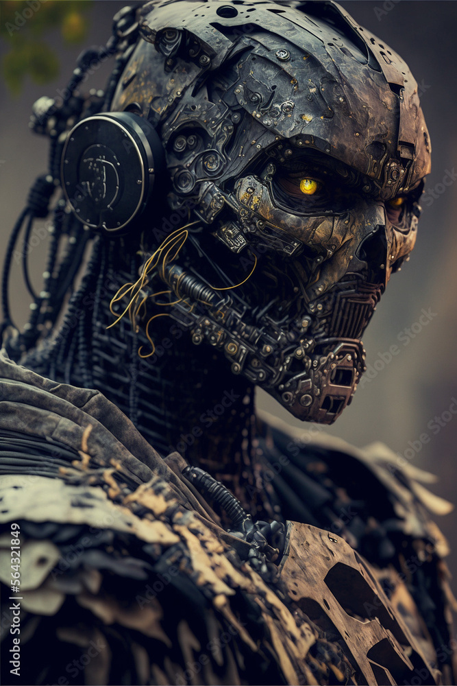 Close-up portrait of robot cyborg soldier with yellow eyes. Made with Generative AI Close-up portrait of robot cyborg soldier with yellow eyes. Made with Generative AI