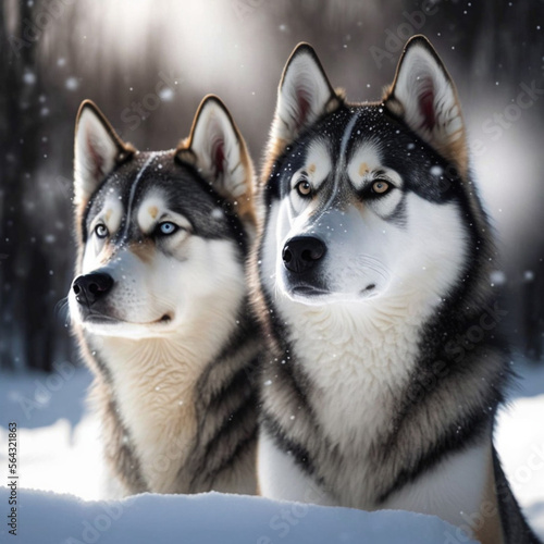 Husky dogs in the snow. Generative AI. 