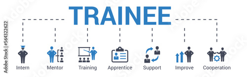 Trainee concept vector illustration with keywords and icons