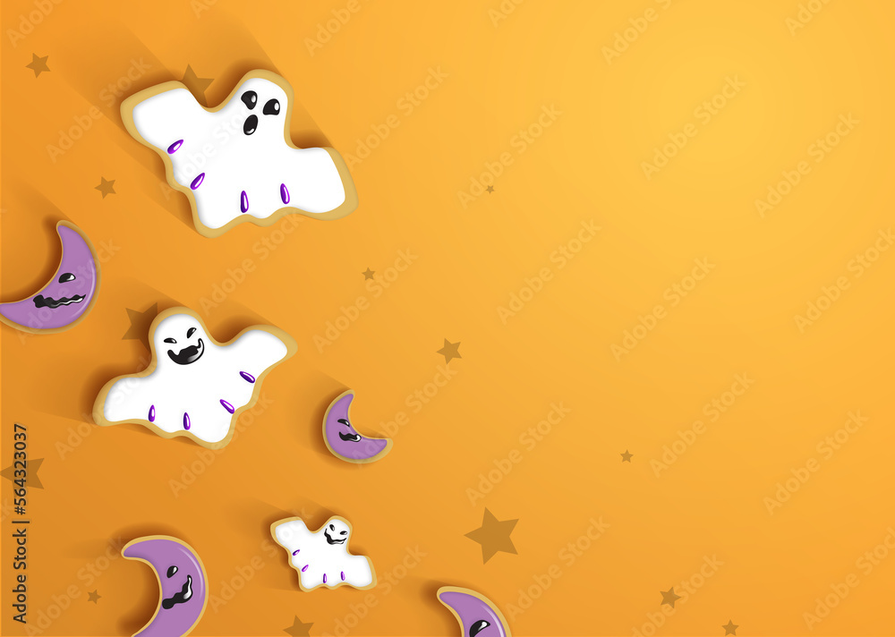 Halloween party decorated biscuits on an orange background illustration flat lay. Ghosts and moons shaped biscuits with icing. Halloween party decorated biscuits on an orange background illustration flat lay. Ghosts and moons shaped biscuits with icing.