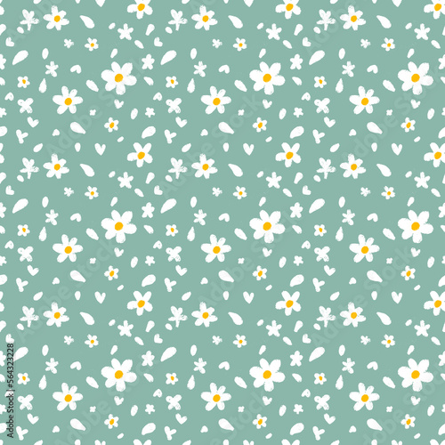 Daisy flower pattern illustration on green background. Hand drawn floral repeat blossoms. Design for print, wrapping.
