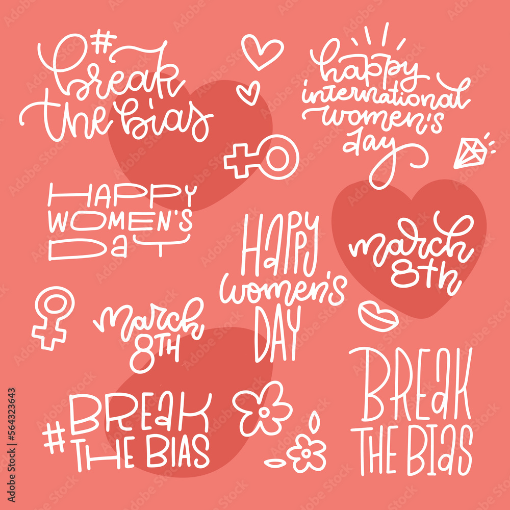 Feminist hand written sticker set with hand drawn linear text -Break the Bias, Happy international women's day, March 8th. Minimalistic stickers pack for IWD. Monoline vector calligraphic illustration Feminist hand written sticker set with hand drawn linear text -Break the Bias, Happy international women's day, March 8th. Minimalistic stickers pack for IWD. Monoline vector calligraphic illustration