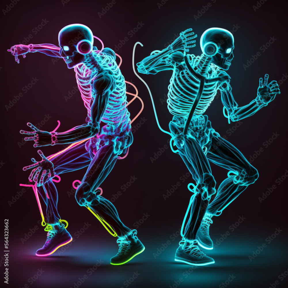 Neon skeletons dancing with headphones. Generative AI.
Neon skeletons dancing with headphones. Generative AI.