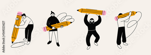 Various people with a large Pencil. Young person holding pencil. Cute funny isolated characters. Cartoon style. Hand drawn Vector illustration. Drawing, writing, creating, design, blogging concept photo