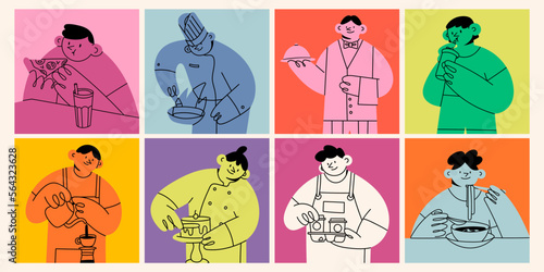 Set of Baker, Waiter, Chef, Barista, eating people. Cute cartoon characters. Hand drawn isolated Vector illustrations. Restaurant staff, fast food, professional kitchen, baking, coffee shop concept