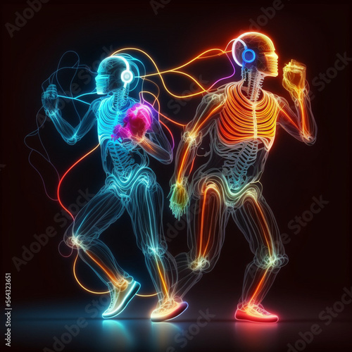 Neon skeletons dancing with headphones. Generative AI. 