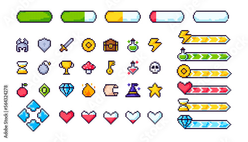 Pixel game menu resources, level, live bars and buttons. Game interface, pixelated life bar and menu button, game controller arrows, pixel art gaming magic items, button 8 bit pixel.