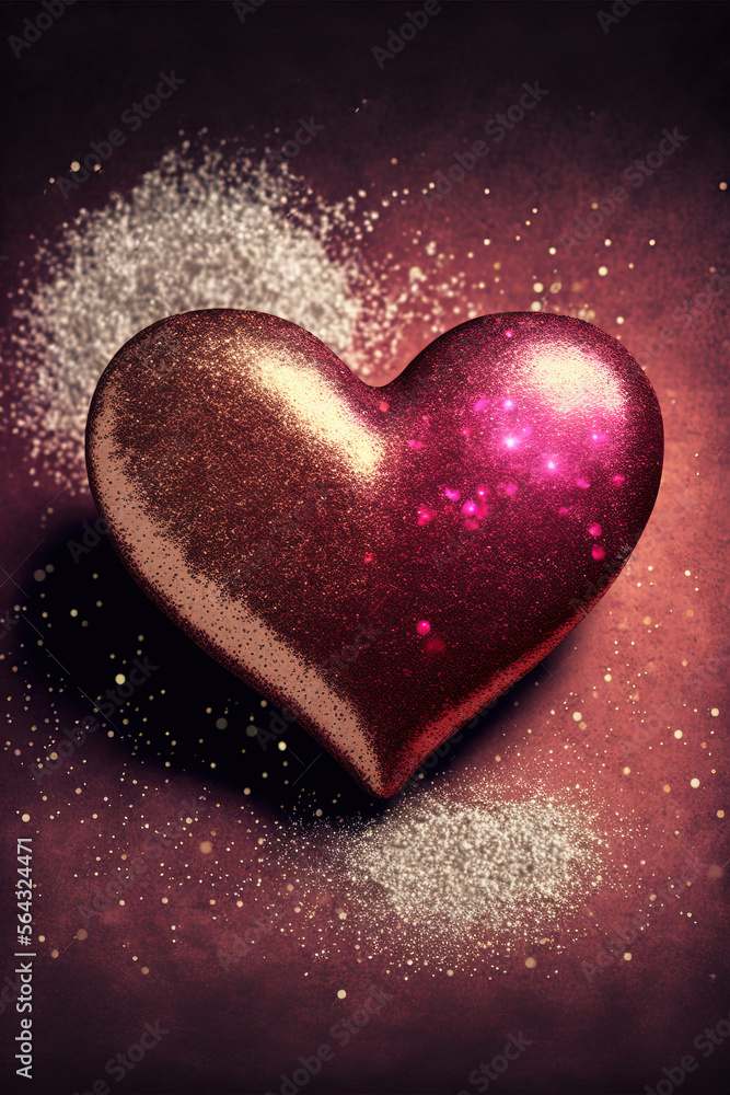 Fototapeta premium golden and pink heart with gold and pink glowing blurred glitter. Romantic Valentine's Day Background. bokeh effect. The 14th of February. symbol love. Vertical format
