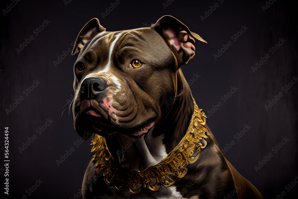 American Bully dog with gold chain on black background.  Generative AI.