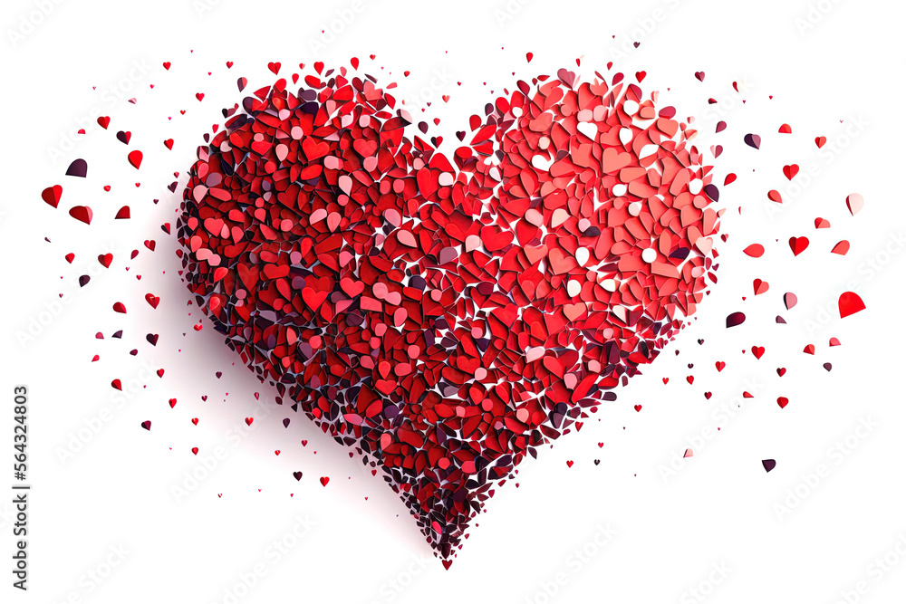 Large volumetric red heart from particles isolated on white background, 3d, great for Valentine's Day, wedding, Mother's Day - textiles, banners, wallpaper, background, love symbol.