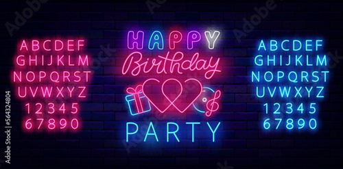 Birthday party neon sign on brick wall. Event poster template. Heart, present and music. Vector illustration