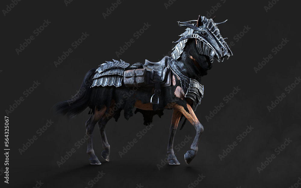 3d Illustration of A creepy armored dark horse pose on black background with clipping path. 3d Illustration of A creepy armored dark horse pose on black background with clipping path.