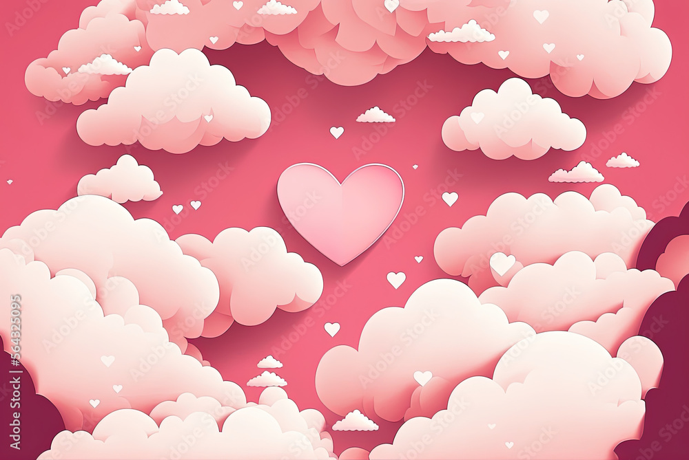 Cute models of pink hearts and clouds on a pink background illustration, 3d, great for Valentine's Day, wedding, Mother's Day - textiles, banners, wallpaper, background, love symbol. Generative art