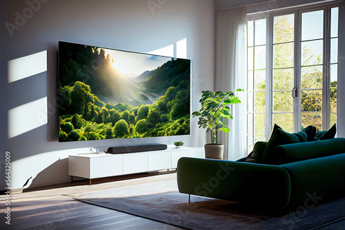 Big Tv In A Living Room.  Elegant living room with big tv screen.  Generative AI. photo