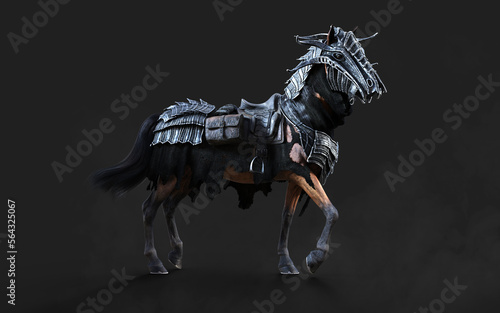 3d Illustration of A creepy armored dark horse pose on black background with clipping path. © mrjo_7