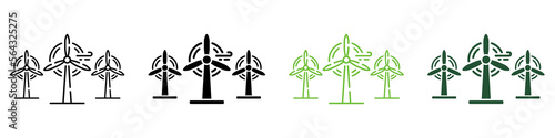 Windmill Line and Silhouette Icon Color Set. Eco Renewable Energy. Wind Mill Farm Electricity Power. Ecology Technology of Electric Industry Symbols on White Background. Isolated Vector Illustration
