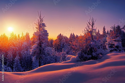 Sunset in winter in forest. Genarative AI