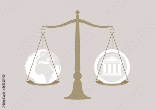 Capitalism and climate change, planet earth and a silver coin on the scales