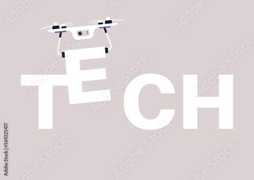 Tech sign, a white drone carrying letters