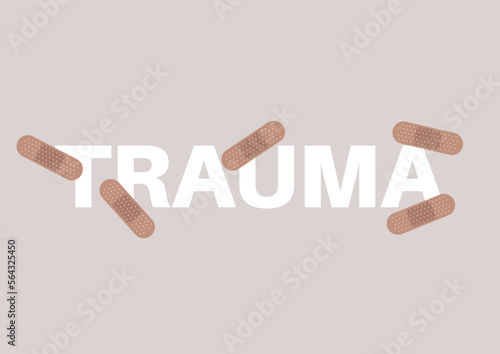 Trauma sign covered with band aid plasters, anxiety treatment, depression and stress