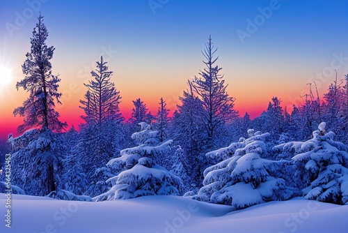 Sunset in winter in forest. Genarative AI © CREATIVE STOCK