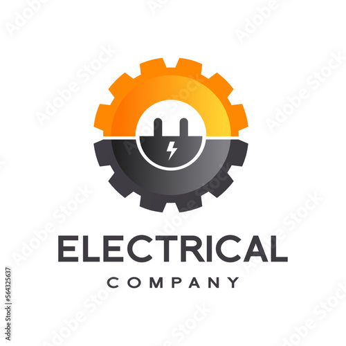 Gear with plug electrical vector logo template. Suitable for factory or industrial business.