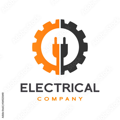 Gear with plug electrical vector logo template. Suitable for factory or industrial business.