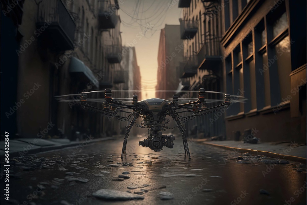 Futuristic drone on city in the background, cyberpunk colored light around, Generative AI