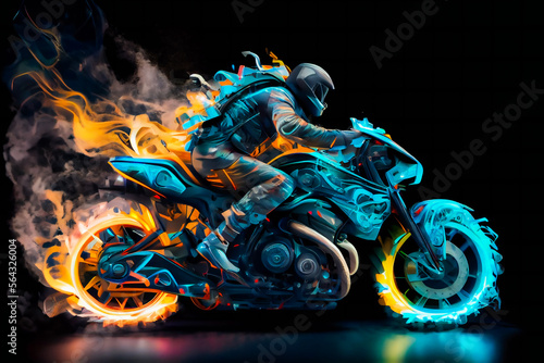 Crazy futuristic motorbike.  Man On A Motorcycle.  Generative AI. © EwaStudio
