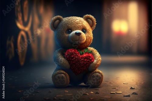 Portrait Cute teddy bear holding valentine heart and red rose, Valentine's day and love concept ,Generative AI 