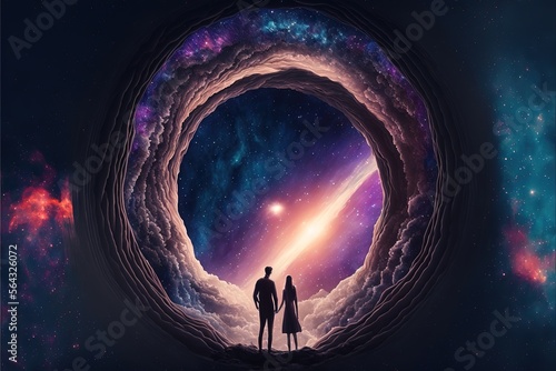 You are my universe, cosmic love in a galaxy, couple standing in a portal opening into the cosmos, eternal true love, romance, illustration, generated art © Azar