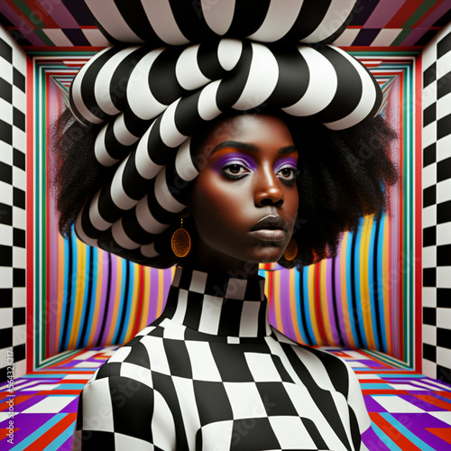 Generative ai optical art fashion portrait black young woman posing
